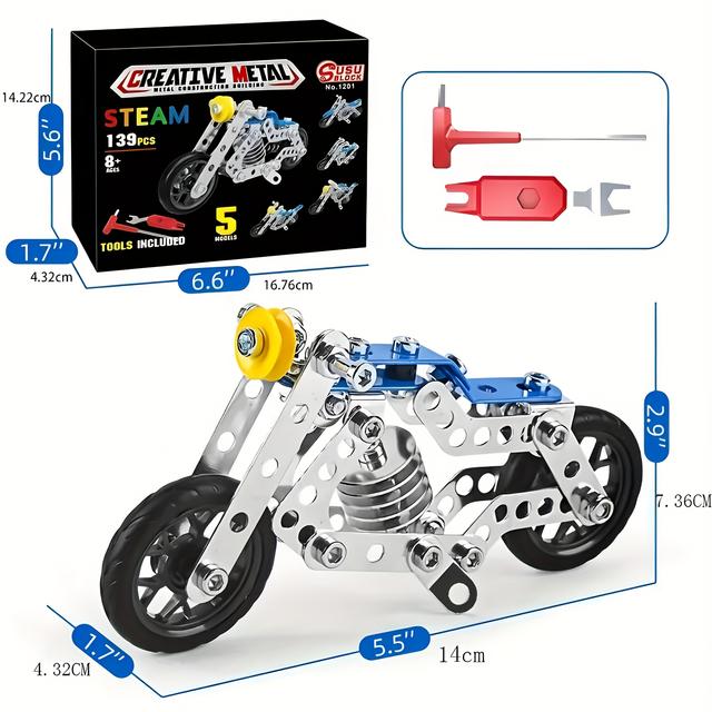 TEMU 5 Models Metal Motorcycle Stem Building Kit For Kids - Creative Construction Toy, Interchangeable Off-road, Racing, And Travel Motorbike Designs, Motorcycle Construction Set