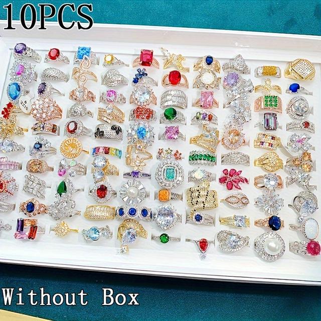 TEMU 10pcs Shiny Synthetic Cubic Zirconiaia Copper Rings Inlaid With Synthetic Cubic Zirconiaia,, Ring, Ladies Wedding Party Banquet Elegant Jewelry Festival Exquisite Gifts(size 6 Random)