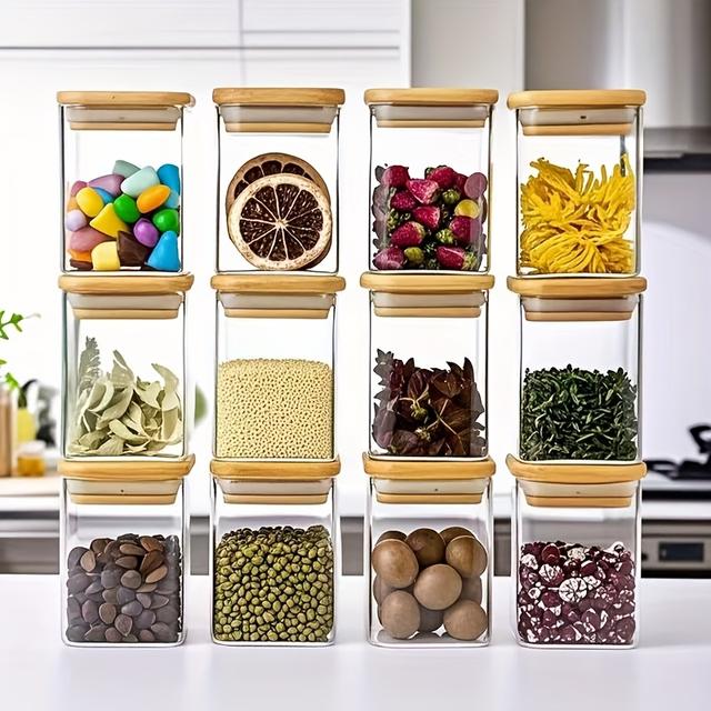 TEMU Juego de 12 Tarros de Vidrio para Alimentos, Recipientes Transparentes con Tapas, Contenedores para Cocina, Organización de Despensa: Espagueti, Pasta, Harina, Frutos Secos, Avena y