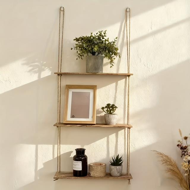 TEMU Wall Shelf Made Of Wood With 3 Levels, Suspended By Ropes, Perfect For Home Decoration, Corner Shelves