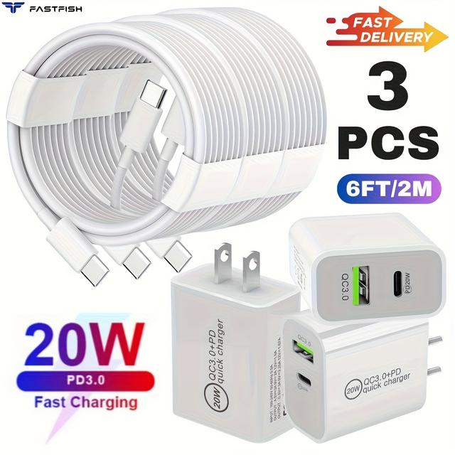 TEMU Fastfish 3pcs Qc 3.0+20w Pd Charger Adapter Usb Cable For Iphone 15 For Lg