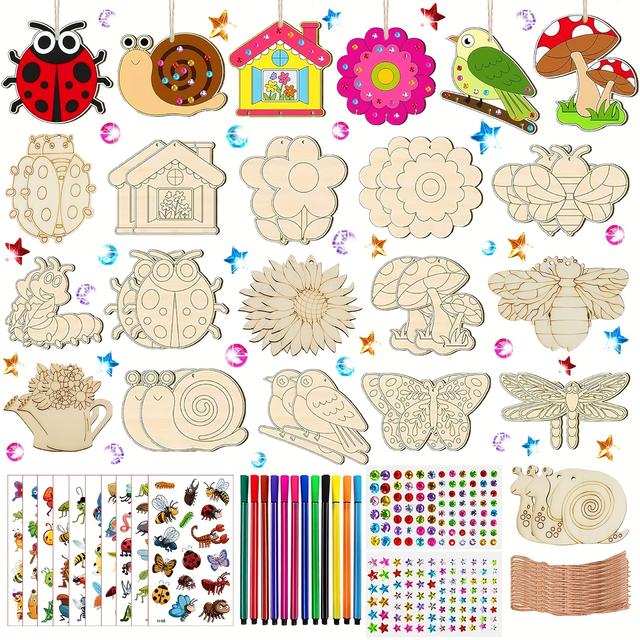 TEMU 280pcs Insect Themed Children's Wooden Craft Set, Children' Set With 32 Insect Wooden Blocks, 12 Watercolour Pencils, 202 Rhinestones, 32 String, 2 Stickers