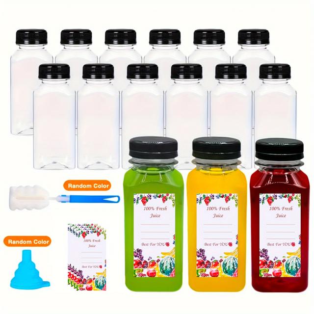 TEMU 12pcs 8oz Reusable Plastic Juice Bottles With Lids, Funnel & Labels - Beverage Containers For Smoothies, Drinks & More - Perfect For Summer