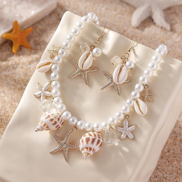 TEMU 3pcs Cute Pearl Starfish Conch Shell Beaded Necklace Earring Set Suitable For Women Bohemian Style Beach Vacation Casual Daily Wear Beautiful Holiday Gift