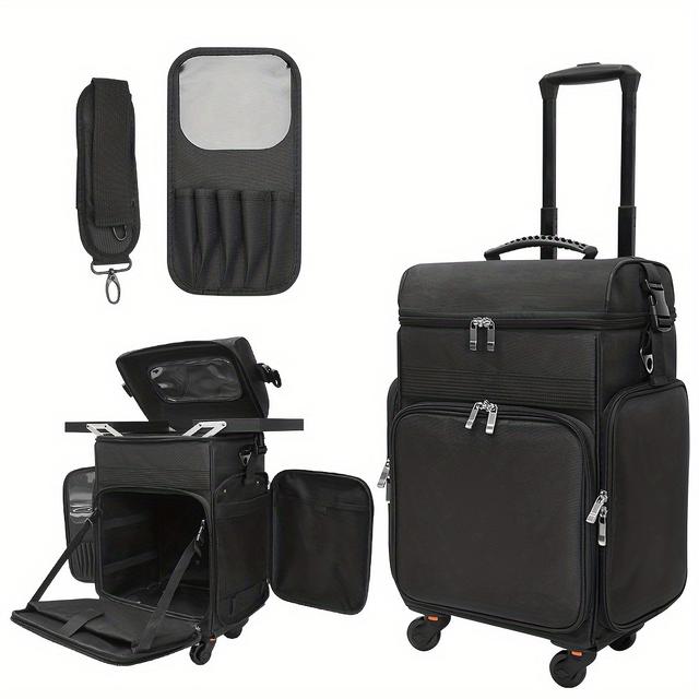 TEMU Professional Rolling Makeup Case With 2 Trays And 4 Detachable Quiet Wheels, Travel Bag For Cosmetologists, Hair Stylists, And Nail Salons, Black, No Fragrance, Battery-free
