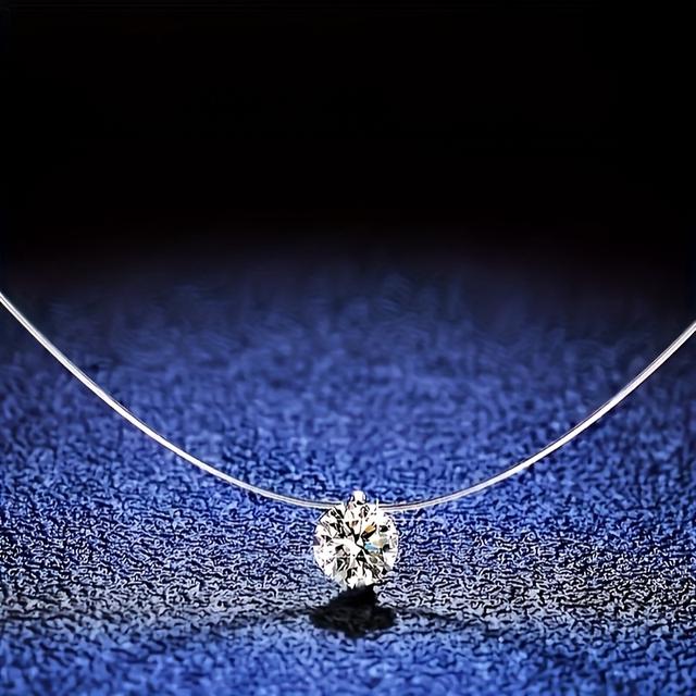TEMU Elegant 925 Silvery Plated Trendy Women's Transparent Fishing Line Necklace, Synthetic Zirconia Pendant, Sparkling Necklace, Collarbone Chain, Jewelry, Transparent Invisible Line, Fashionable