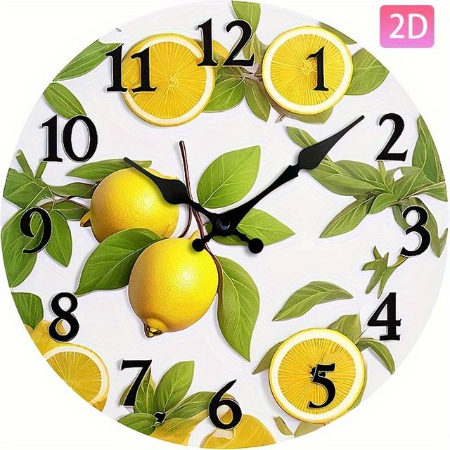 TEMU Elegant Design Silent Wall Clock - 3d Effect, Wooden Round Clock With Vibrant Lemons & Leaves, Home , Quiet Mechanism, Aa Battery Operated (battery Not Included), Lemon Home Decor