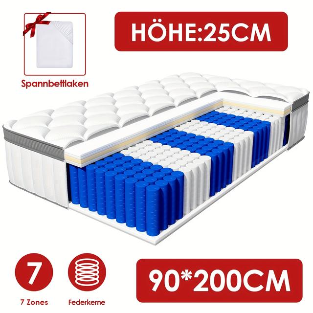 TEMU Carroltt Niveau de fermeté du matelas H3, 90x200 Matelas à ressortes moyennement ferme, Matelas à ressorts à poche 7 zones avec drap-housse, Cadeau de Noël
