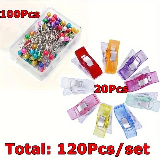 TEMU 120pcs/set Sewing Tool Set 100pcs Colorful Pearlescent Needle Hand Fixing Needle Big Head Needle + 20pcs Sewing Clip Hand Stitching Positioning Clip Hemming Clip