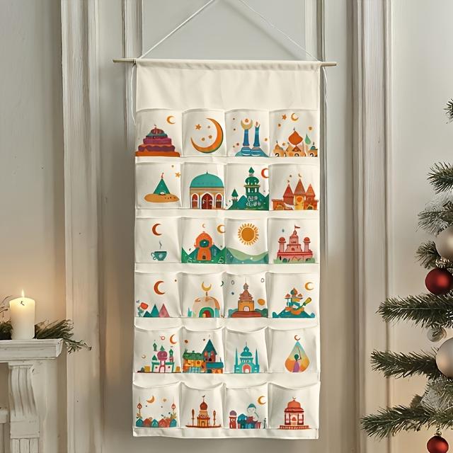 TEMU A Fabric Hanging Storage Bag With A Pattern, Featuring Pockets For Wall And Door Storage. This Bedroom Wall-mounted Wardrobe Organizer Makes A Perfect Reusable Gift For Ramadan