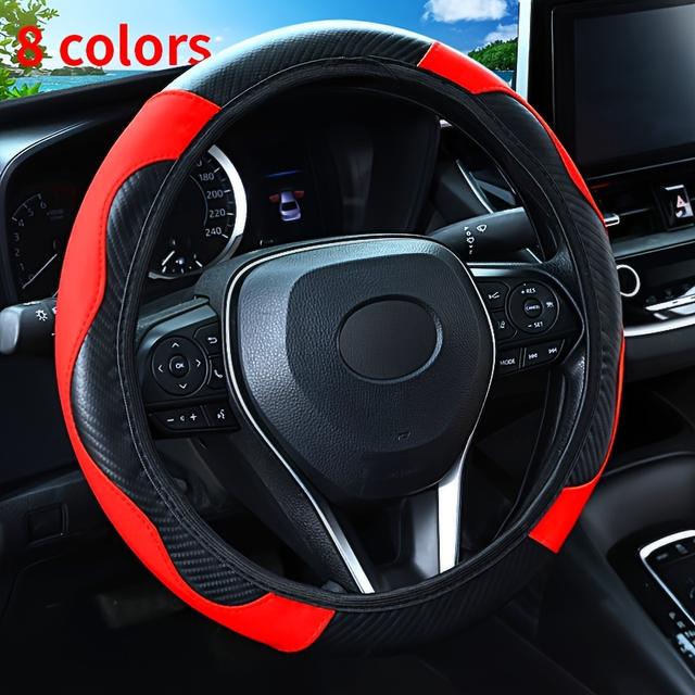 TEMU Stylish Carbon Fiber Pattern Steering Wheel Cover - Durable, Non-slip Pu Leather, Cars, Business- With Red Accents, Car Interior Upgrade, Grip Cover | Sporty Look Accessory | Pu Leather Cover