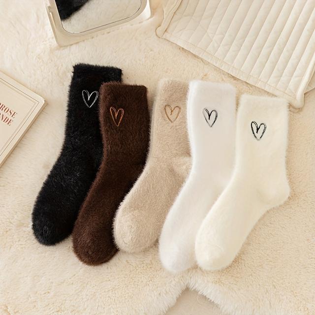 TEMU 5 Paar braune, herzförmige Teenager-Socken mit Plüsch [Herbst/Winter-Stil] Fleece-gefüttert und verdickte warme Socken [Winter] Herzförmige Socken für Zuhause, für Teenager