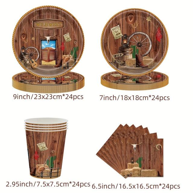 TEMU Ensemble de vaisselle jetable sur le thème du cowboy pour fête, comprenant des assiettes en papier, des serviettes de table et des gobelets revêtement