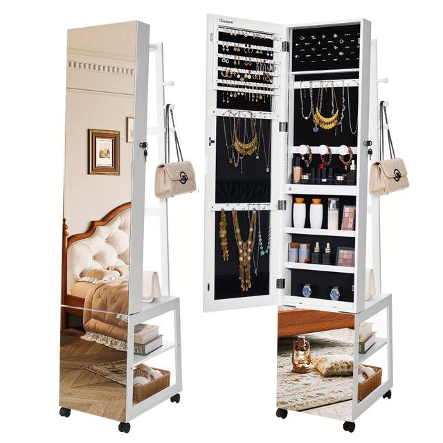 TEMU Armoire à Bijoux avec de 66,5 Pouces, Portant à Vêtements, Pleine Longueur Mobile avec Roulettes, Étagères de Rangement Verrouillables avec Crochets, Blanc, (Organisateurs d'Accessoires)