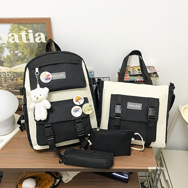 TEMU Véletlenszerű jelvény 5 db Diák Iskolai Hátizsák Készlet + Nagy Kapacitású Többfunkciós Utazó Hátizsák, Tinédzsereknek