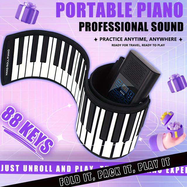 TEMU 88-Tasten-Roll-Up-Elektronisches-Klavier für Anfänger, mit Dual-Speakers, geeignet für Erwachsene und Neulinge, mit Steckdesign.