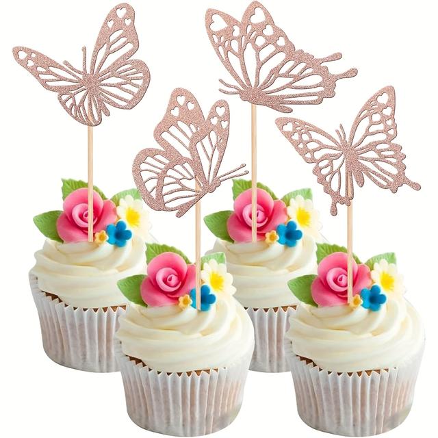 TEMU Set Of 24 Glittery Butterfly Cupcake Decorations, For Baby Showers, Weddings, Engagements, Bridal Showers, Birthday Parties, And Cake Embellishments