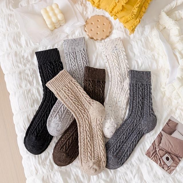 TEMU 6 par damskich, grubych, ciepłych skarpet do połowy łydki z wełny | Koreańska tkanina w kabelki, prać tylko ręcznie, idealne na jesień/zimę