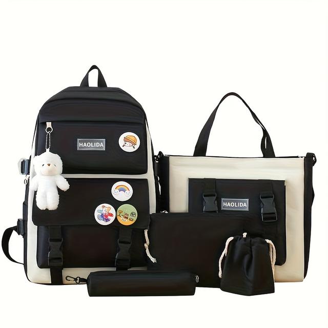 TEMU 5pcs Fashion Large Capacity Women's Backpack With Badge Accessories, Set Of Five, Includes 4 Badges + Accessories, Multiple Colors Available, Unisex, Suitable For Work And Commuting