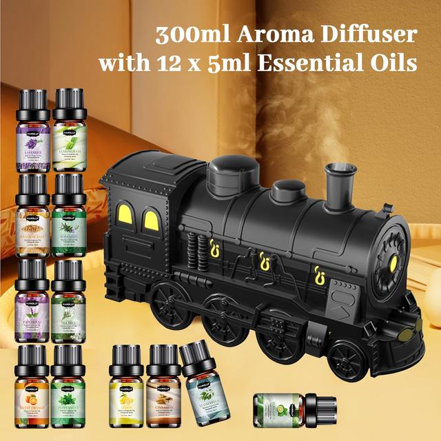 TEMU 12x5ml Essential Oils With 300ml Aroma Diffuser Set, Cool Mist Humidifier For Air , Train Shape Large Capacity Essential Oil Diffusers For Home, Office, Bedroom