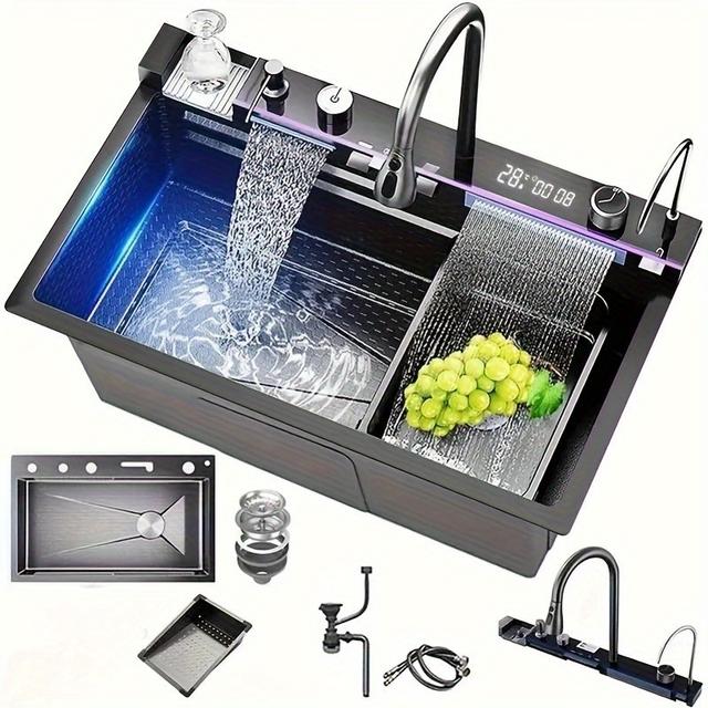 TEMU Gunmetal Gray 304 Stainless Steel Kitchen Nano Sink. Versatile Sink. With Temperature Display. Pull-out Faucet, Cup Washer, Double Waterfall Outlet, Water Purification Function. (68*45cm)