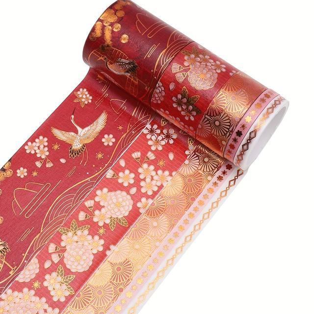 TEMU 5-Rollen-Set mit Blumen- Tiermuster-Aufklebern, Antike-Stil-Serie mit goldfoliertem Kranich-Design, Klebebandrolle für tägliche Kleinartikelverpackung dekorative Aufkleber