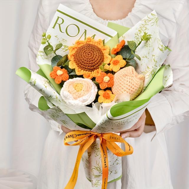 TEMU Ramo de Flores de Ganchillo , Flores Artificiales Realistas - Perfecto para de la Madre, San Valentín, , Fiestas y Regalos para - Uno Rosa, Girasol y