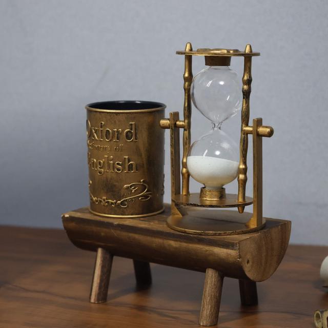 TEMU Európai vintage homokóra tolltartó fa alappal, folyó homokos asztali dísz, kreatív diákajándék, asztali dekoráció