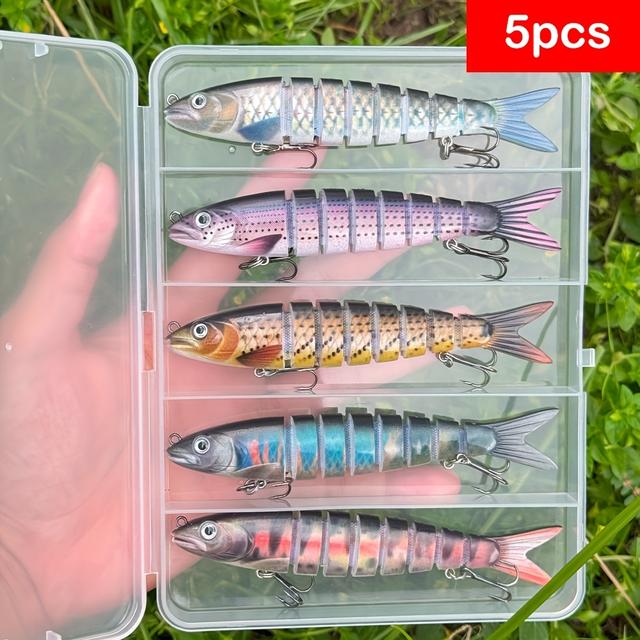 TEMU ZZKUG 멀티 섹션 미노우 모양 루어 5개입 박스 세트 - 19G, 담수 및 해수 겸용, 트라우트 및 배스 유인용 듀얼 모드 크랭크 하드 베이트 특징, 완벽한 낚시 액세서리 세트
