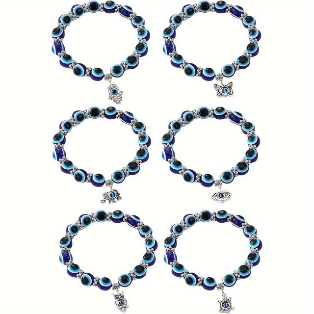 TEMU 6pcs Evil Eye Bracelet Set, Blue Resin Eye Charm, Trendy Goldene Alloy Pendant, Non-magnetic, Women's Dainty Jewelry
