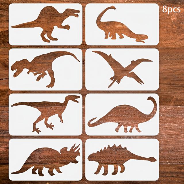 TEMU Set Of 8 Dinosaur Stencils For Crafts (17.7x10.1cm) - Reusable Drawing Templates For Art Projects, Dinosaur Painting, School Activities, Party Decorations, Featuring And Designs