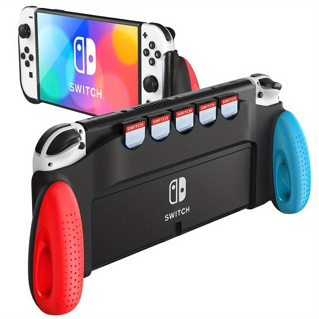 TEMU Ergonomic Grip Case For Switch/oled - Lightweight, Shock-absorbent Hard Shell With 5 Game Card Slots