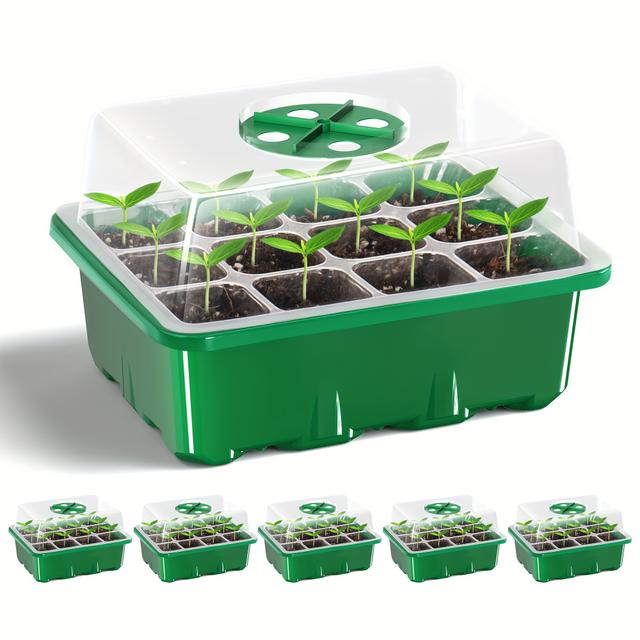 TEMU Gkkown 5pcs Seed Starter Trays With Elevated Lids, 60-cell Thickened Design, Adjustable Humidity Vent, Clear Tray For Greenhouse & Garden Use - Green
