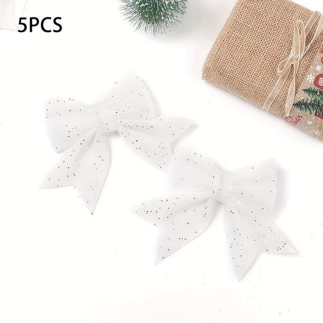 TEMU 5pcs Large Christmas Tree Ribbon Bows - Polyester Decor In Gray, White & Red With Glittery Accents For Gifts, Wreaths & , Christmas Tree Garland
