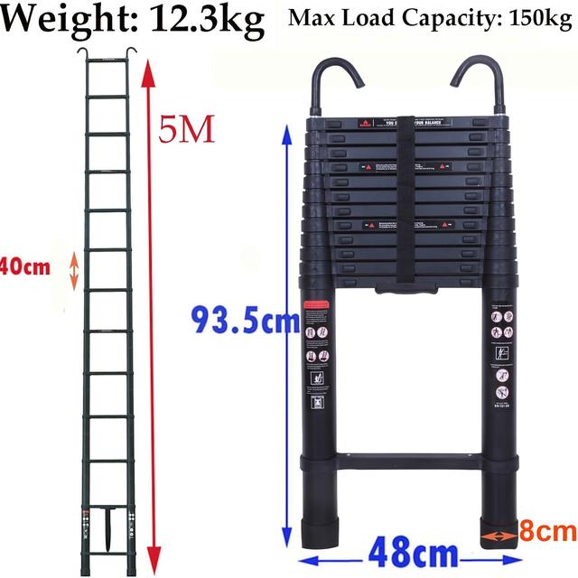 TEMU 5m Telescopic Ladder With Hook, Aluminium Extendable Ladder Portable Multi Purpose Ladder - Sturdy & Safety For Climb, Folding Roof Loft