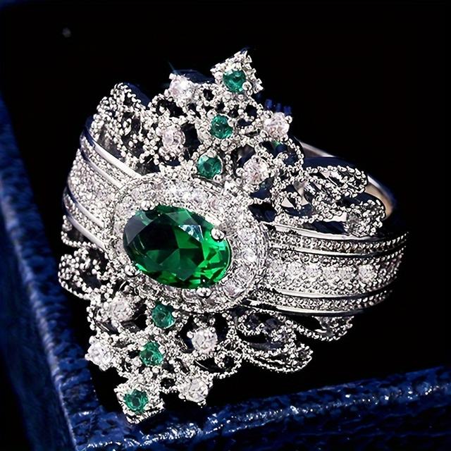 TEMU Anillo Estilo Zirconia Sintética Redonda de 4 Puntas y Esmeralda, Joyería de para y Fiestas, Regalo Elegante para Mujeres
