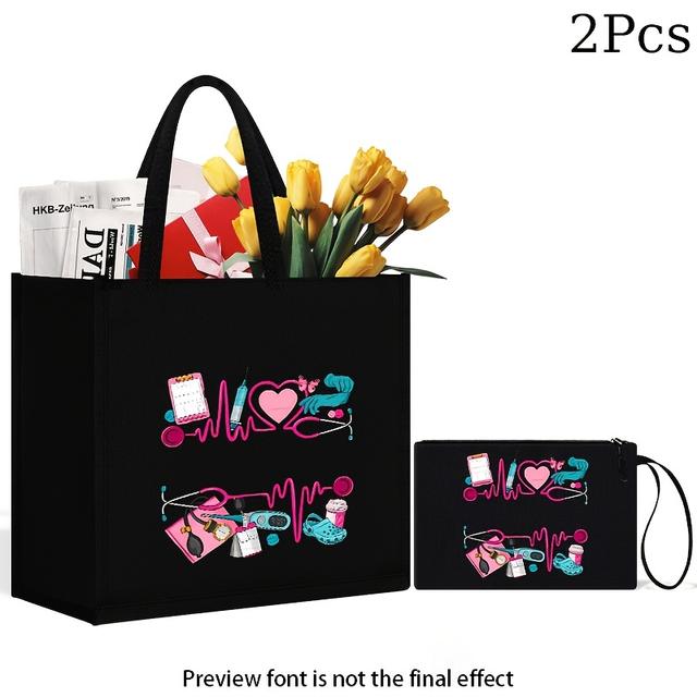 TEMU [customized] Special Fund 887 Element 2pcs Printed Handbag Set, Lightweight Shopping Bag, Tote Bag With Makeup Bag, Portable Travel Beach Bag