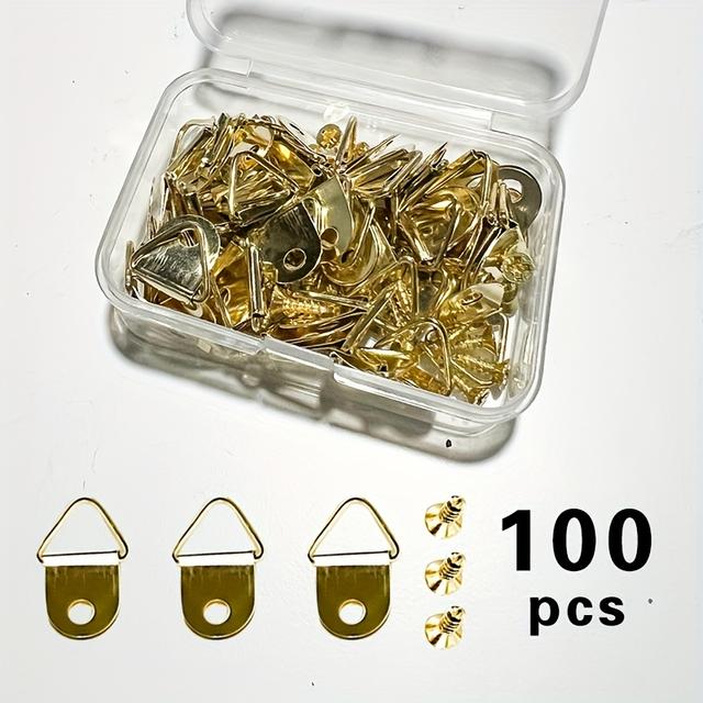 TEMU 100-pack (100-pack 50 krokar + 50 skruvar) triangulär metall fotoramshängare, väggmonterad fotoramkrok med skruvar, liten hängande ring för konstverksvisning, liten krok