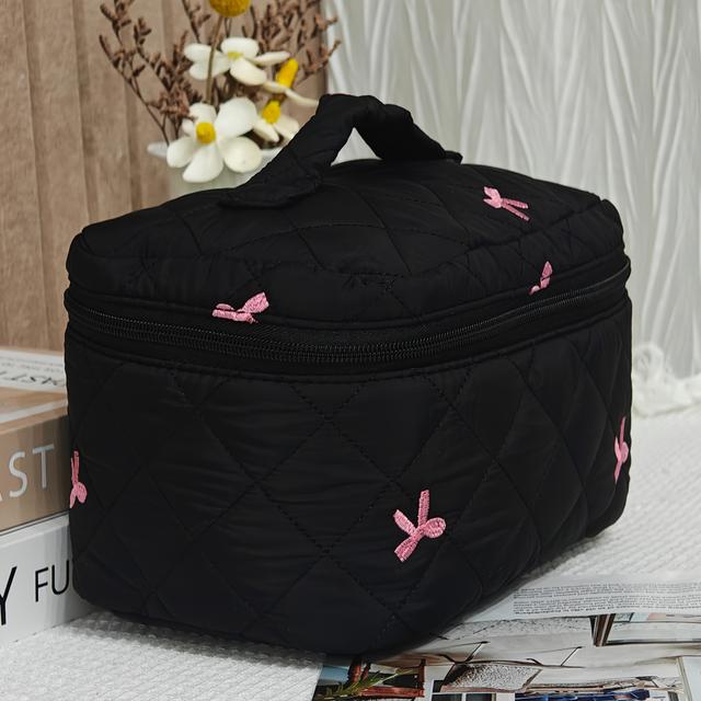 TEMU Unisex-adult Polyester Quilted Makeup Bag With Embroidered Bow, Large Capacity Travel Cosmetic Storage, Multi-functional Unscented Toiletry Organizer, Positioning Printing, Holiday Gift Idea
