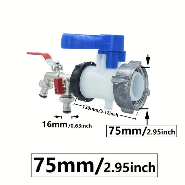 TEMU Connecteur de réservoir d'eau IBC S60 75mm à 16mm, robinet de gland 2 voies, raccords de robinet pour tuyau d'irrigation de jardin pour 1000L de tonneaux extérieurs et seau de d'eau de pluie