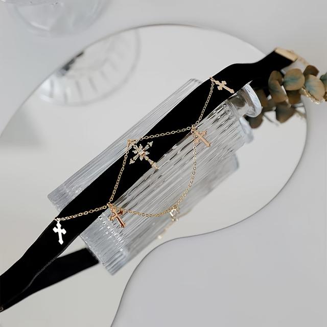 TEMU Stylowy i modny długi czarny welwetowy choker z delikatnym krzyżykiem, uniwersalny do różnych stylizacji, Item A68