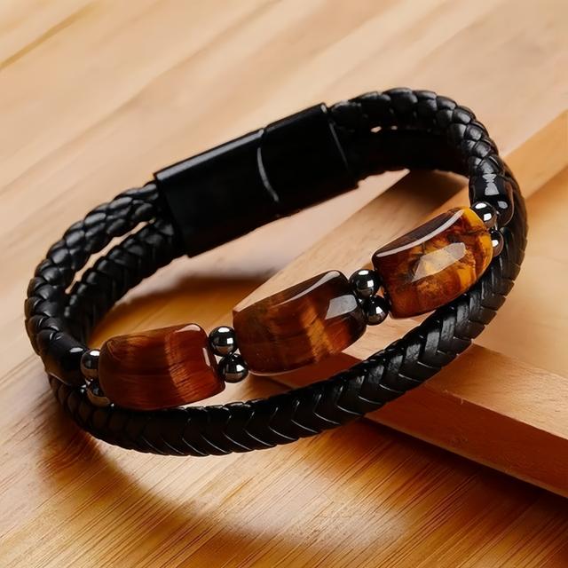 TEMU A Double-layer Tiger Eye Stone Bracelet 3 Tiger Eye Stones, Featuring A Woven Leather Strap And A Magnetic Clasp.