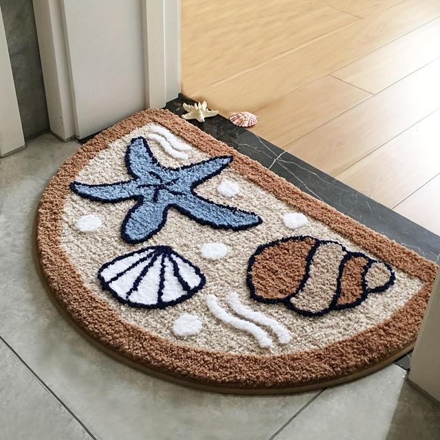 TEMU Starfish And Seashell Pattern Bath Mat, 17.7x27.5 Inches - Soft, Machine Washable, Non-slip Tpr Backing, Absorbent Fluffy Rug For Bathroom, Bedroom, Kitchen, And Entryway, Bathroom Mat