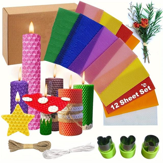 TEMU Kit For Making Beeswax Candles - Includes 12 Bright Colors, Pure Beeswax Sheets, 3 Molds, 20 Wax Wicks, 2m Hemp Rope, No Electricity Required, Perfect For Holiday Crafts