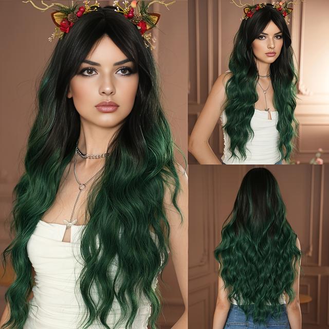 TEMU NAMM Kostüm-Perücken, lange gewellte smaragdgrüne Body-Perücken mit dunklen Ansätzen, hochdichte synthetische hitzebeständige Perücke, mittel gesplittete Perücken