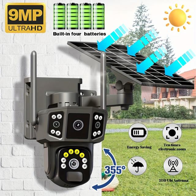 TEMU 9mp Wifi Solar Energy Camera 3 Dual Lens Outdoor Screens 10x Zoom Security Protection Video Surveillance Ptz Auto Tracking Ip Cam