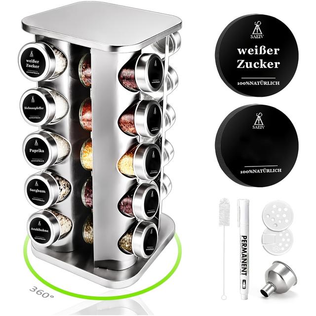 TEMU Vertikales Drehendes Gewürzregal | Gewürzkarussell-Organizer | 20 X 100ml Gewürzdosen | Drehebares 5-Etagen-Gewürzregal | Deutsches Gewürzetikett | Küchenregale | Gewürzorganisator