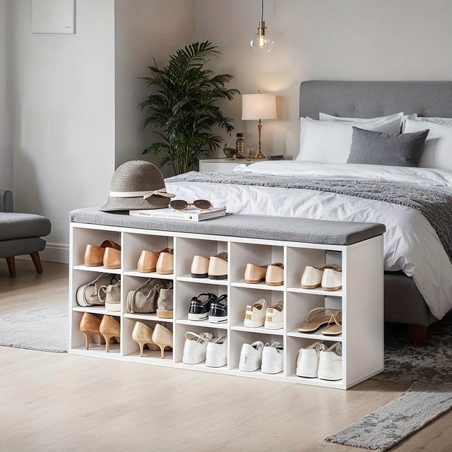 TEMU Shoe Rack, Shoe Bench With Seat, Shoe Cabinet With Cushion, 15 Open Storage Compartments, 30 X 105 X 48cm, For Hallway Bedroom Living Room Entryway