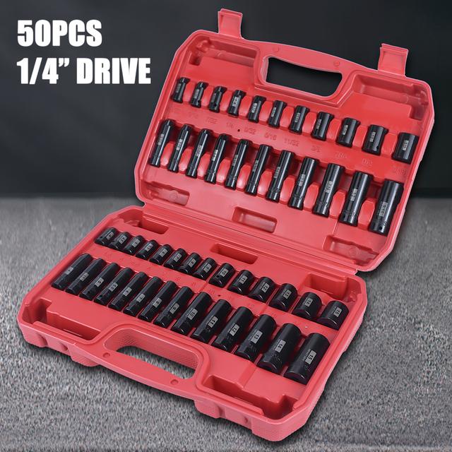 TEMU 1/4"inch Drive Socket Set, 50pcs, Shallow And Deep, Metric And Sae, Complete Size Set, Made Of Premium With Black End, Laser Marking, Socket Wrench Kit For Automotive &