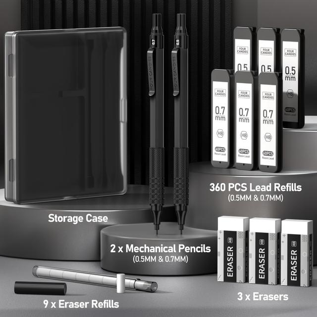TEMU 4 Candies Metal Mechanical Pencils Set With Case, 0.5mm & 0.7mm Artist Pencil With 6 Tubes (360pcs) Hb Lead Refills, 3 Erasers, 9 Eraser Refills For Writing Drafting, Drawing, Black